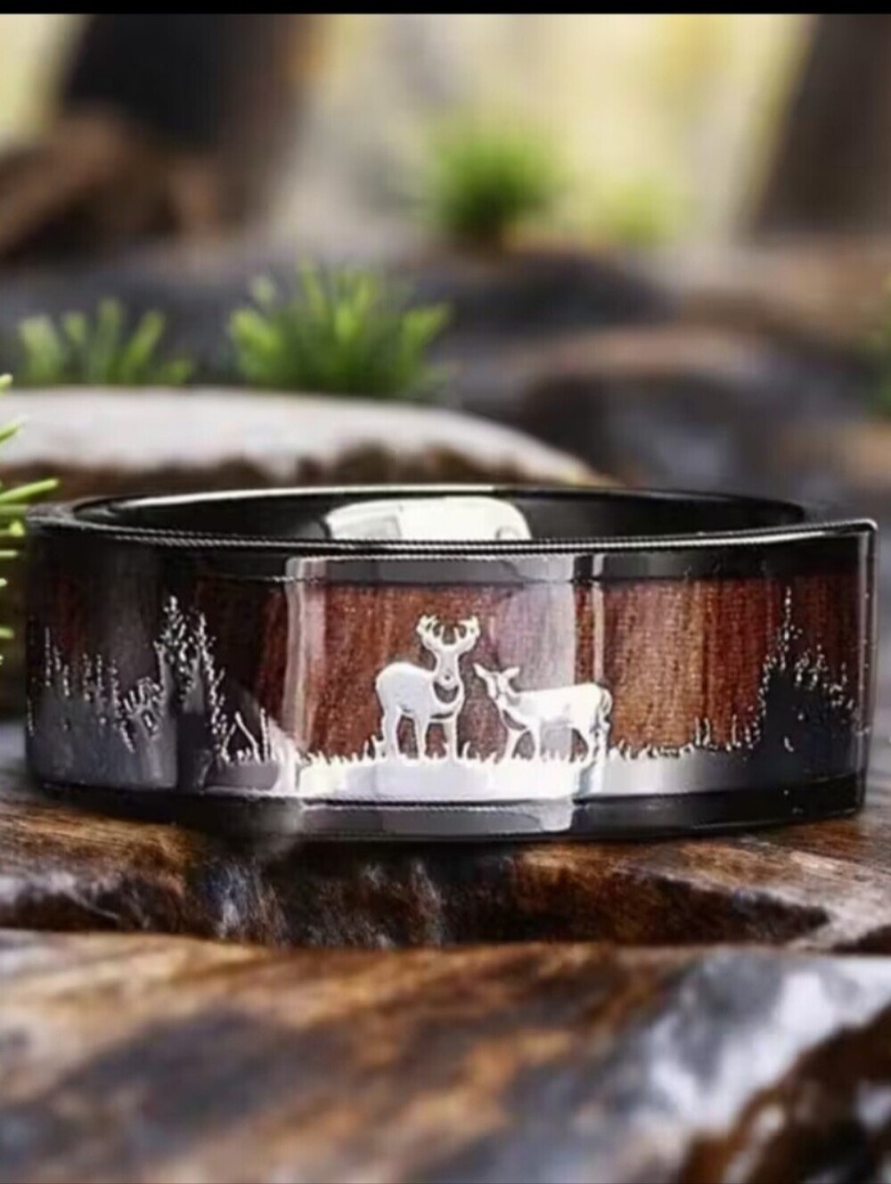 NEW Unisex Black Stainless Steel Wedding Band With Wood Inlay, Deer  Tree Scene